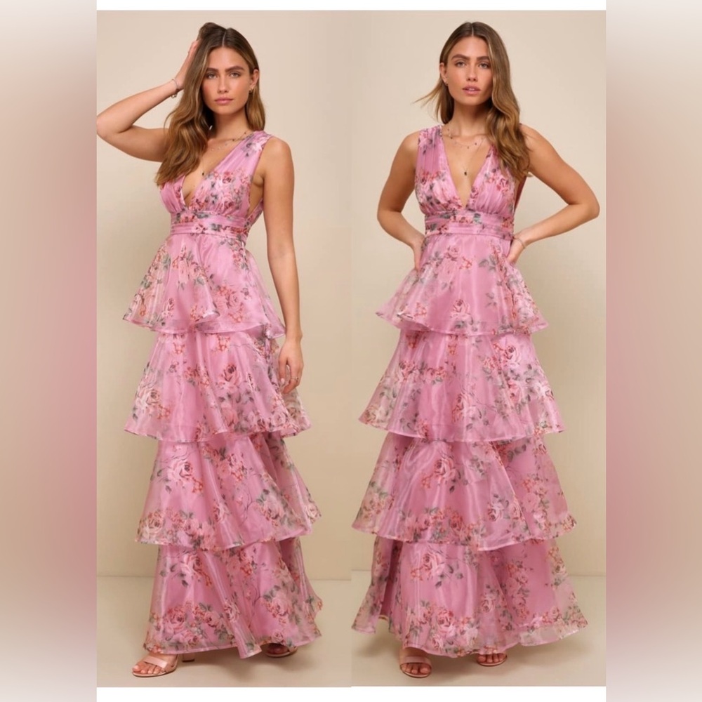 NWT LULUS Floral Organza Ruffle Tier Fairycore Wedding Guest Formal Gown S